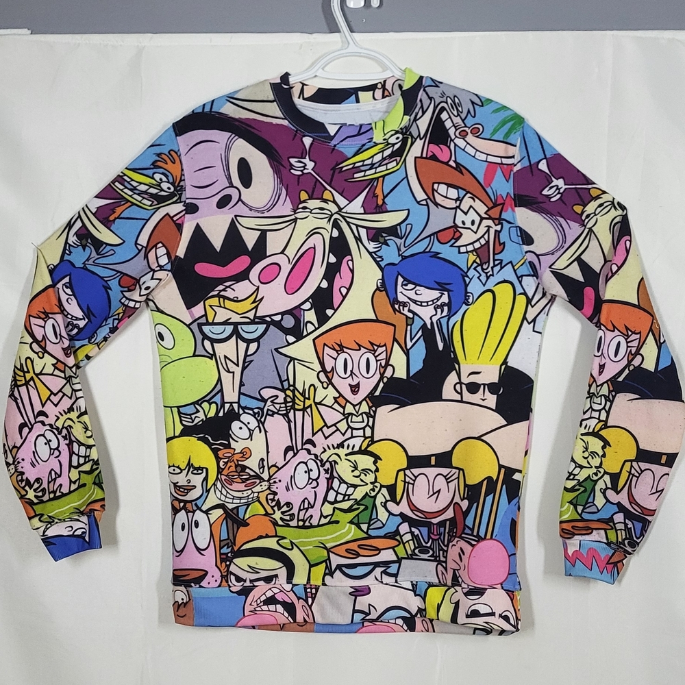 CARTOON NETWORK All Over Print 90s Character Sweatshirt Johnny Bravo Dexter Cow